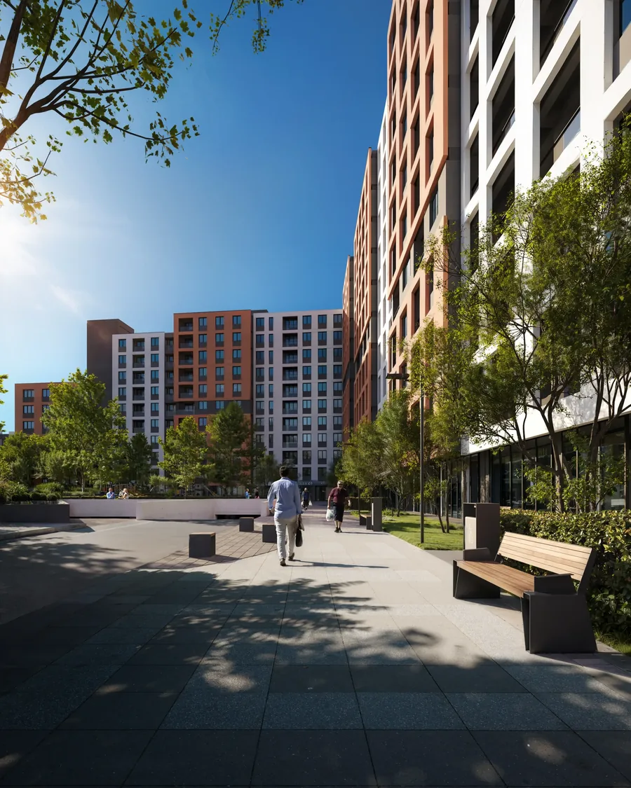 Pedestrian plaza between the residential blocks