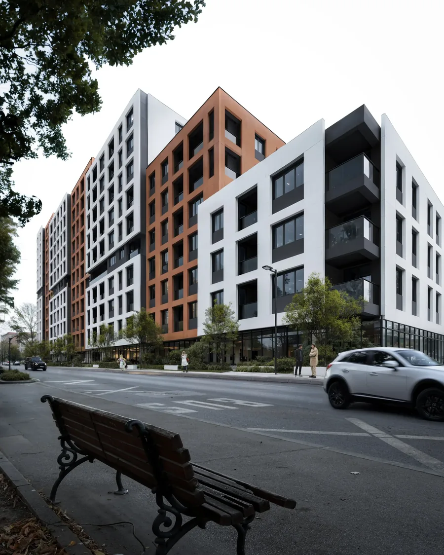 Street-level view with landscaping