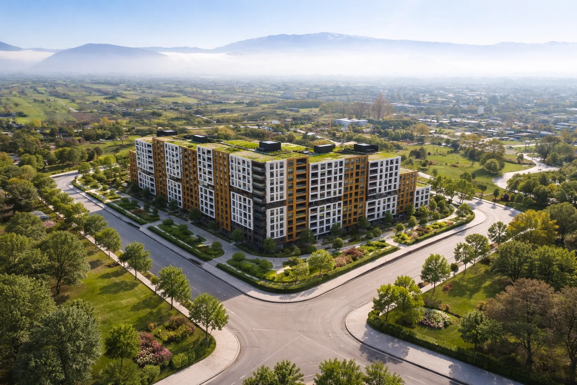Aerial view of Akora Living against the Šar Mountains, Tetovo